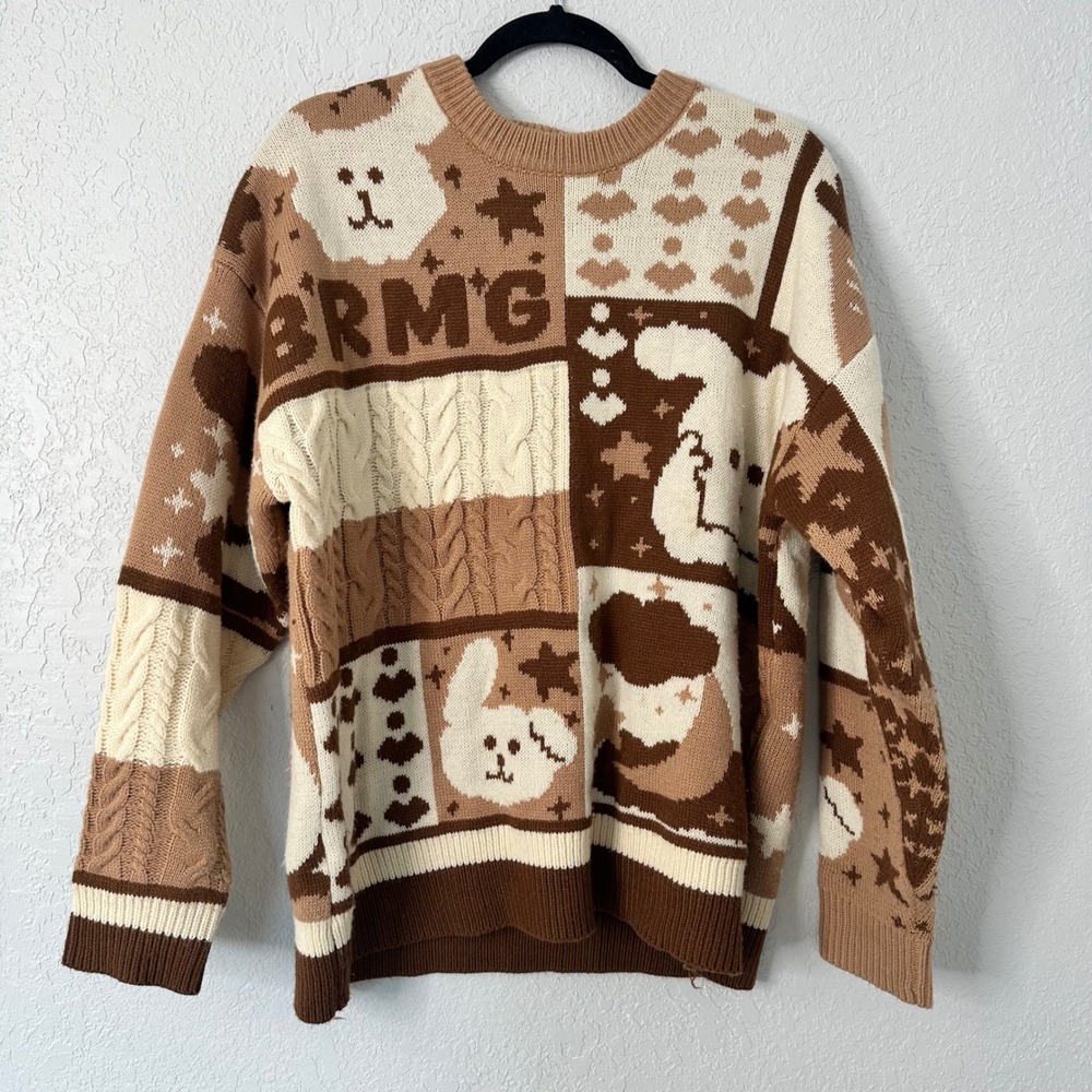 YWFG Cartoon cute bunny Animal‎ Knit patchwork sweater  Brown Cream Medium